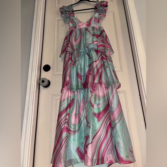 NWOT Karlie Cotton Candy Swirl Maxi Ruffle Organza Tiered Bubble Gum Pink Aqua - Picture 4 of 14